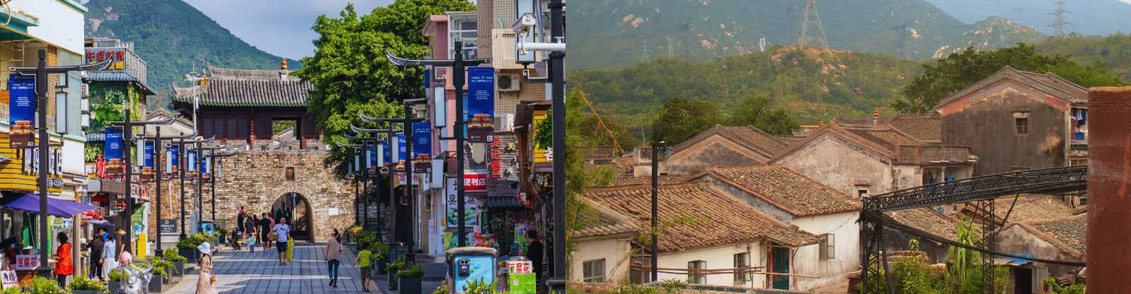 Collage of a historic street with a traditional arch and ancient rooftops in a village near Guangzhou