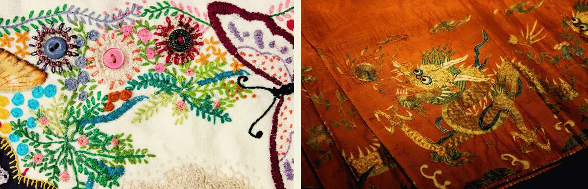 Broderie chinoise traditionnelle colorée et tissage avec un dragon doré sur tissu rouge