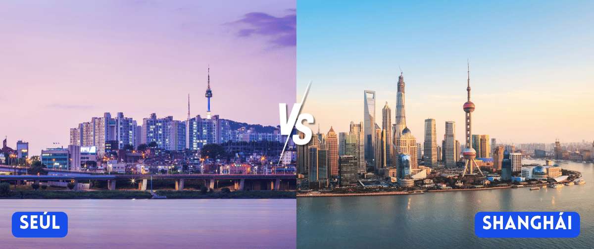 Seúl vs Shanghái: comparación de skyline con Torre Namsan y rascacielos de Pudong al atardecer