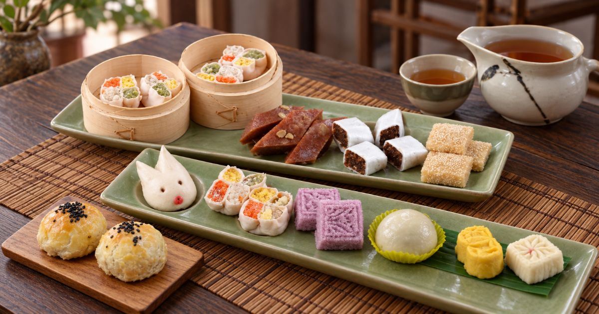 Selección de dulces y pasteles tradicionales de Suzhou presentados en una mesa de madera junto a un té.