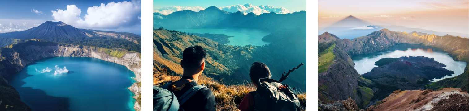Paisajes volcánicos del monte Rinjani con lago en el cráter y excursionistas contemplando la vista desde la cima