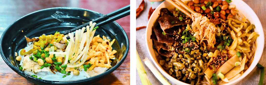Fideos de arroz de Guilin preparados con diferentes ingredientes, encurtidos, cacahuetes y salsas tradicionales