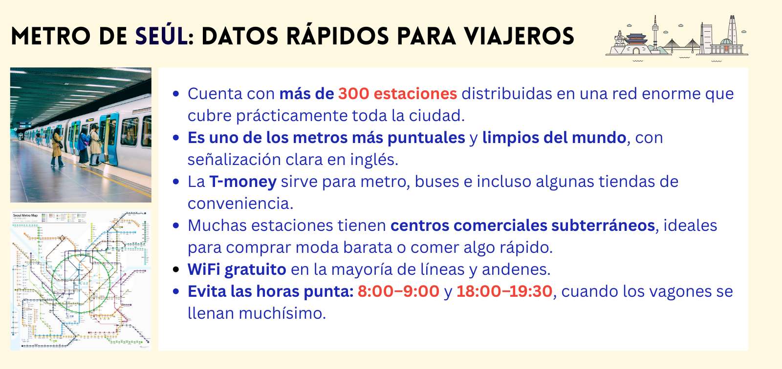 Infografía sobre el metro de Seúl para viajeros, con fotos del tren, mapa de líneas y lista de datos rápidos sobre estaciones, T-money, centros subterráneos y horarios punta