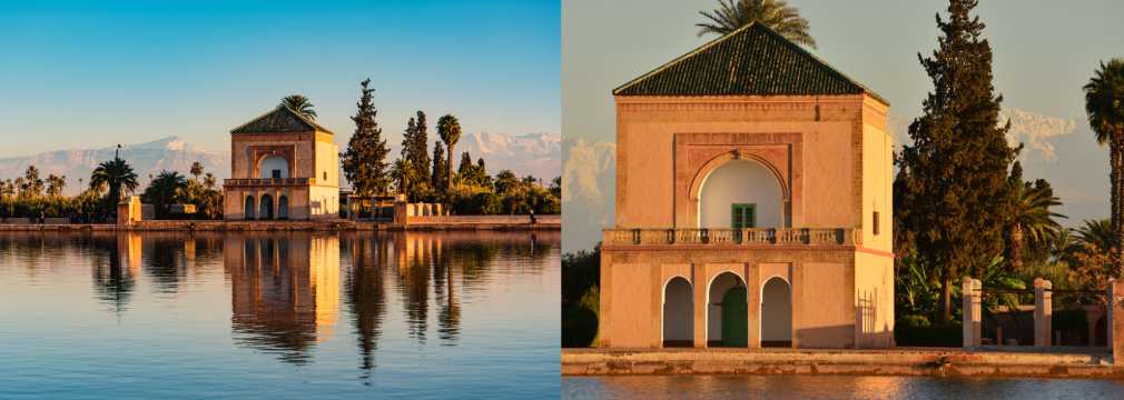 Pabellón del Menara reflejado en el estanque con palmeras y montañas del Atlas al fondo