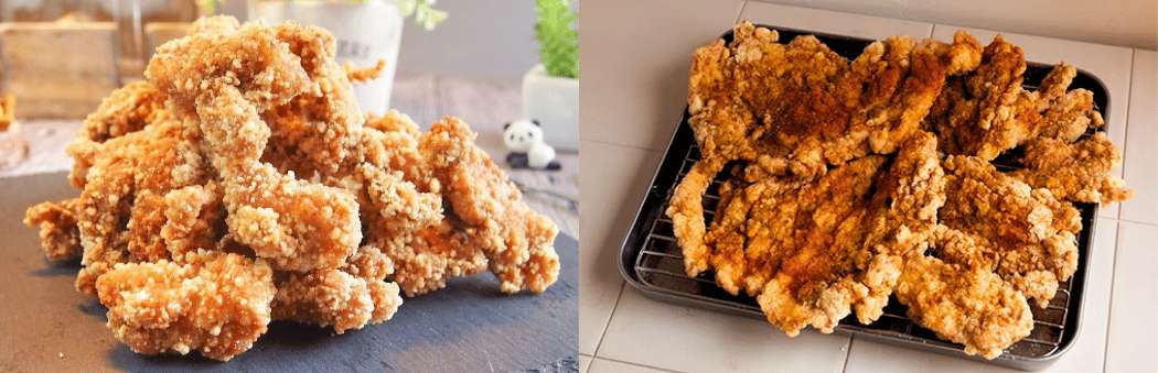 Du poulet frit taïwanais ultra-croustillant, servi en portions généreuses sur des plateaux.