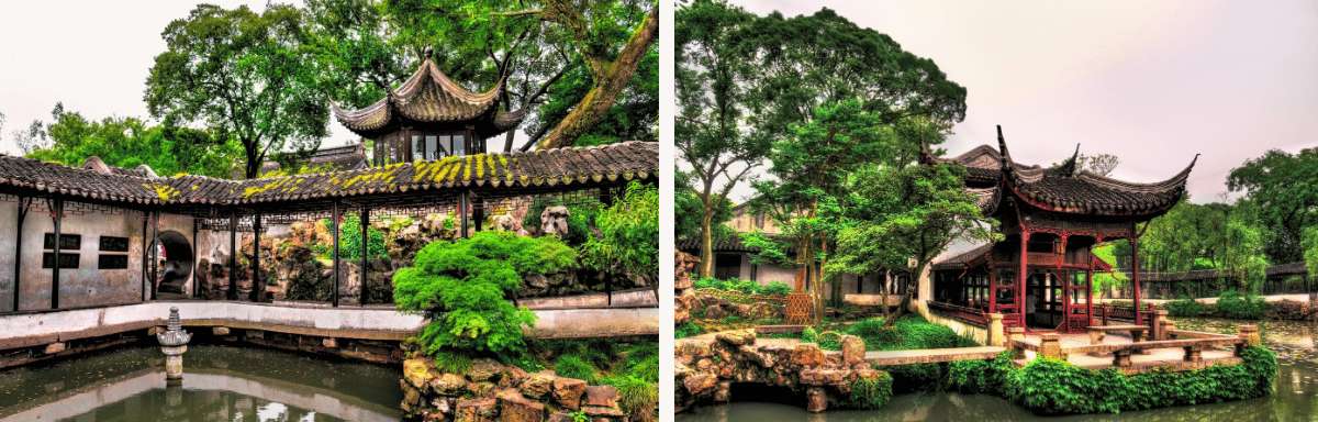 Jardins chinois classiques avec étangs, rochers et pavillons à Suzhou