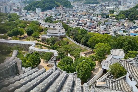 Aerial view of Himeji Castle and the surrounding cityscape