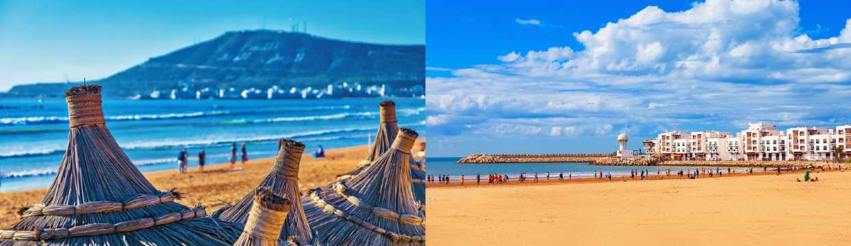 Playa de Agadir con sombrillas tradicionales, olas suaves y edificios junto al mar
