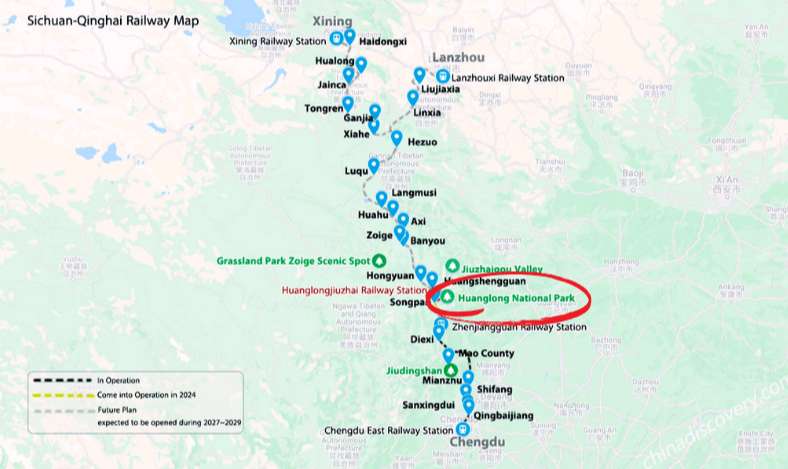 Karte der Bahnstrecke zwischen Chengdu und Jiuzhaigou mit der Lage des Jiuzhaigou-Nationalparks und Huanglong.