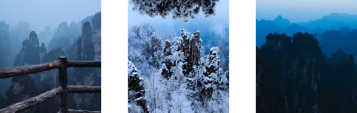 Mirador con barandilla frente a las montañas de Zhangjiajie cubiertas de niebla en China.