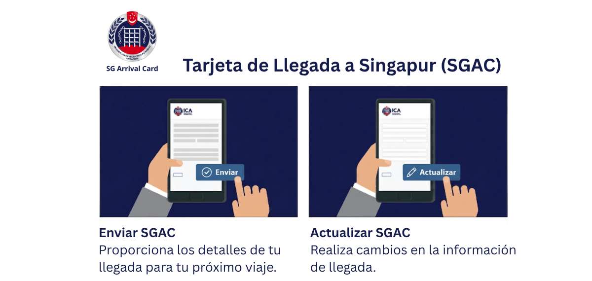 Interface de la Singapore Arrival Card (SGAC) affichant les options pour soumettre et mettre à jour vos informations de voyage