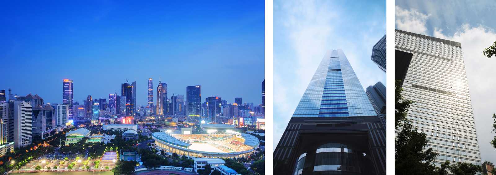 Montage featuring Guangzhou’s night-time skyline, a skyscraper seen from below, and modern buildings beneath a clear sky.