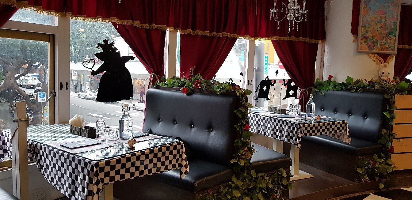 An interior of a alice in wonderland themed cafe