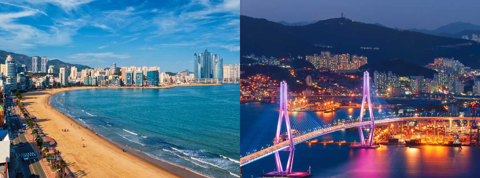 Vista panorámica dividida entre la playa de Haeundae con cielo despejado y el puente iluminado de Busan de noche reflejado sobre el agua