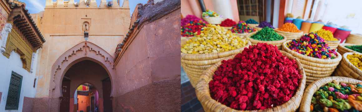 Entrada de una calle de la medina de Marrakech junto a cestos con especias y flores secas de colores