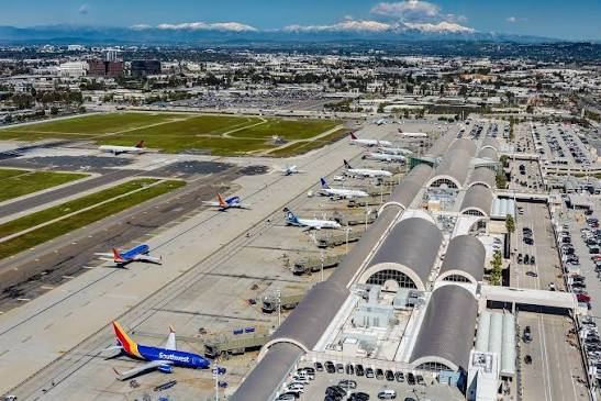Aerial view of an airport terminal with Southwest aircraft