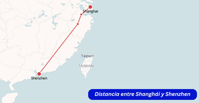 Mapa de China mostrando la distancia y ruta entre Shanghái y Shenzhen