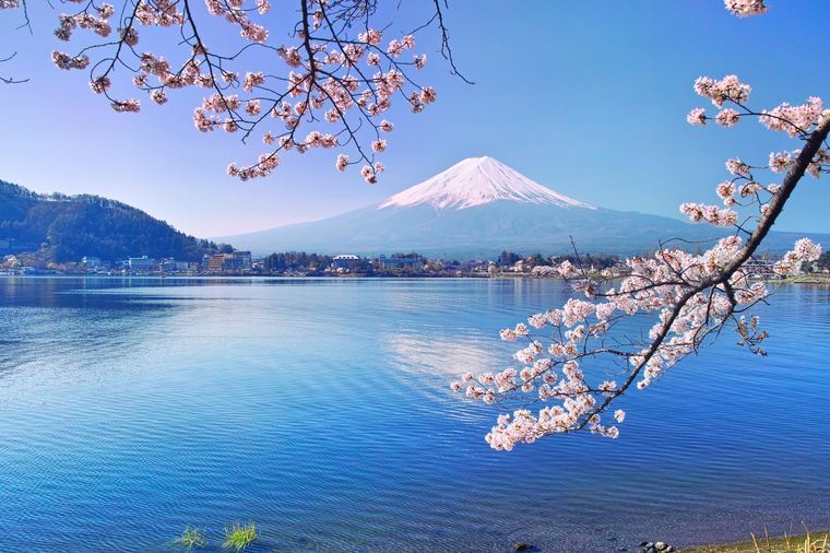 Mount Fuji rising above the town around Lake Kawaguchi