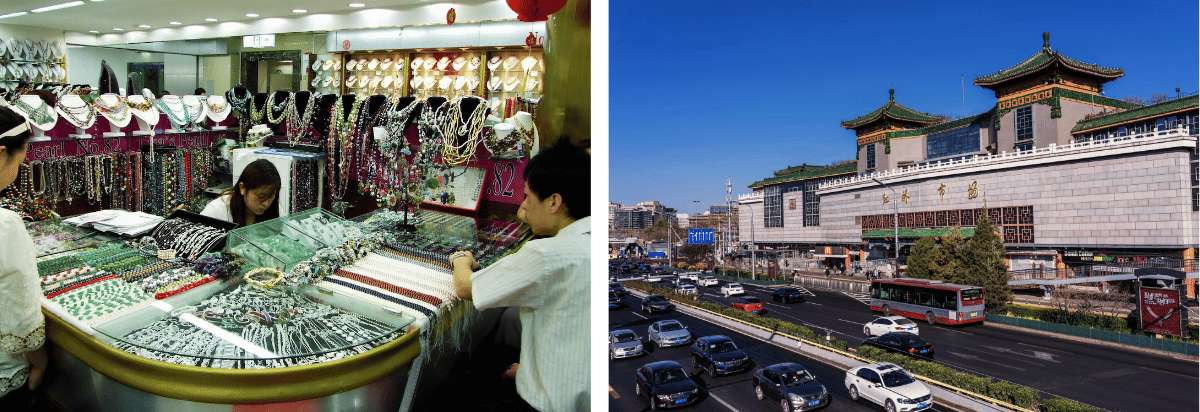 Collage del mercado de perlas: vendedoras mostrando collares y joyas en vitrinas, y vista exterior del edificio del Mercado Hongqiao con tráfico