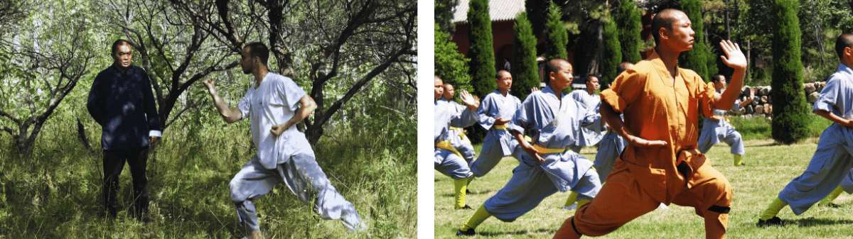 Maestro e allievo che si allenano nel kung-fu tradizionale all'aperto in Cina