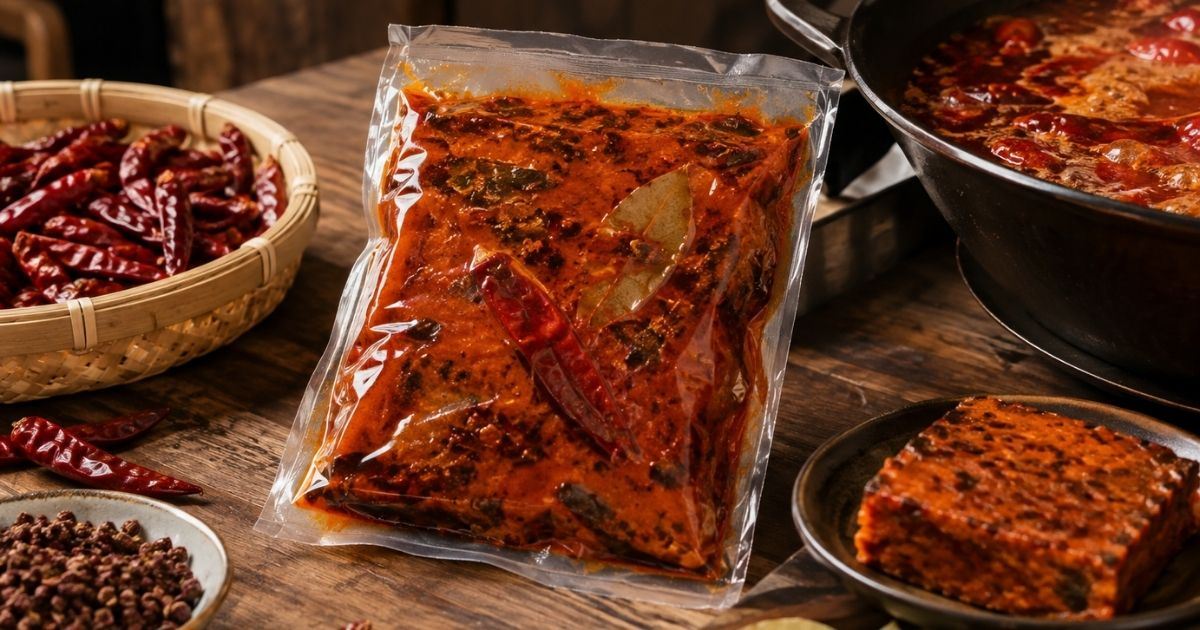 Base envasada para preparar el tradicional hot pot picante de Chongqing. 