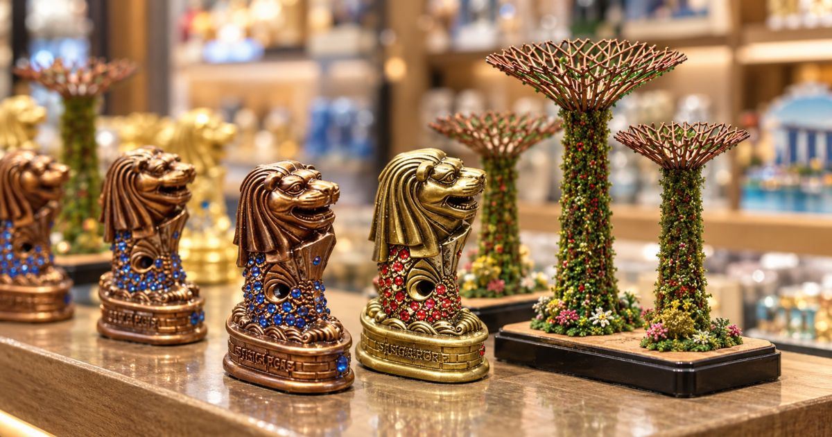 Figuras del Merlion y miniaturas de los Supertrees de Gardens by the Bay expuestas en una tienda de recuerdos de Singapur.