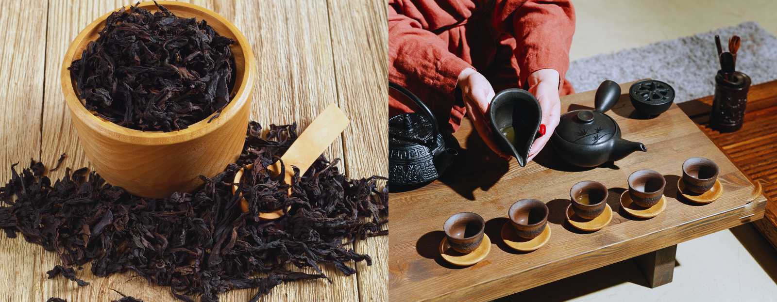 Hojas de té chino y ceremonia tradicional del té con tetera y pequeñas tazas