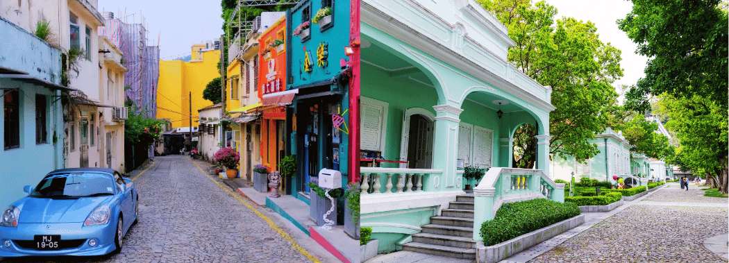 Calles coloridas del centro histórico de Macao con arquitectura de influencia portuguesa
