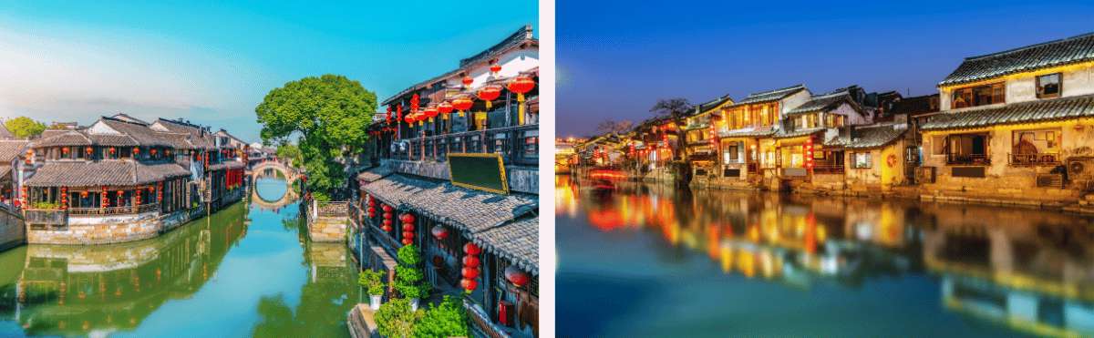 Xitang: Kanäle bei Tag und nächtliche Atmosphäre