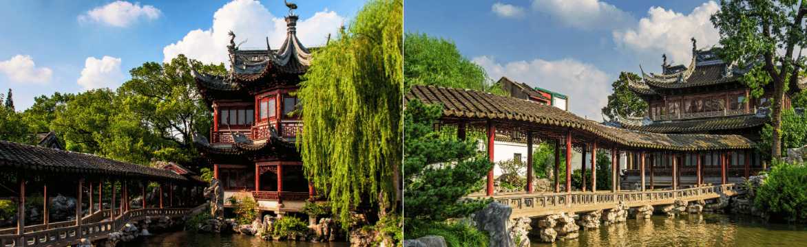 Torre tradicional china rodeada de árboles y estanques en el Jardín Yuyuan de Shanghái.