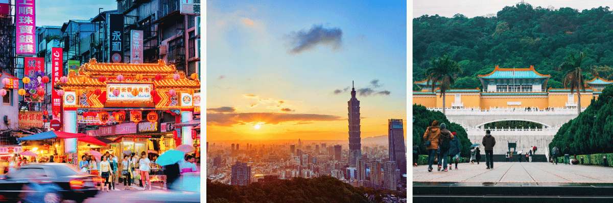 Collage de Taipéi: mercado nocturno de Raohe con puestos iluminados, skyline con la Torre Taipei 101 al atardecer, y el Museo del Palacio Nacional