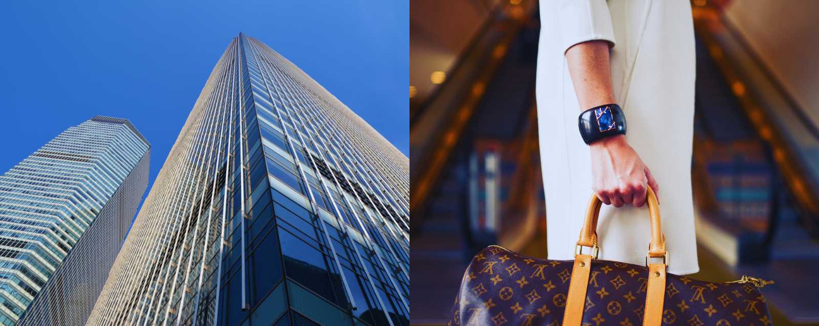 Persona con bolso de lujo caminando por una zona financiera moderna