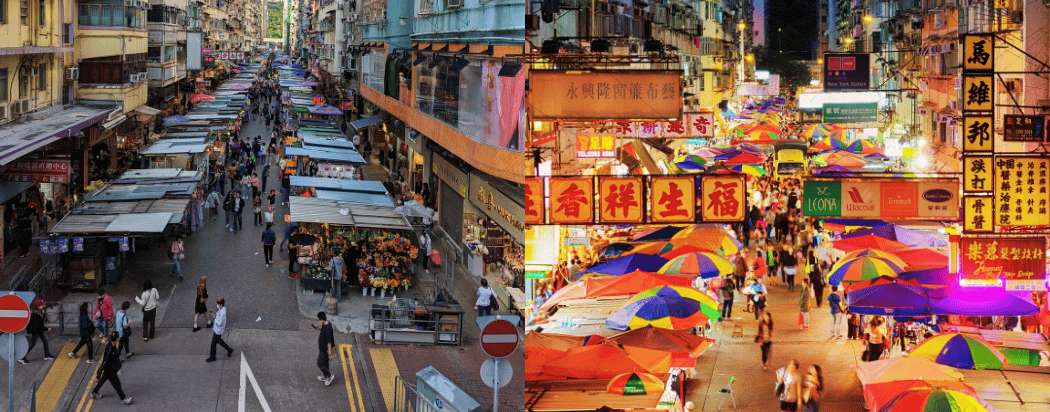Le marché animé de Mong Kok, vibrant de visiteurs de jour comme de nuit.