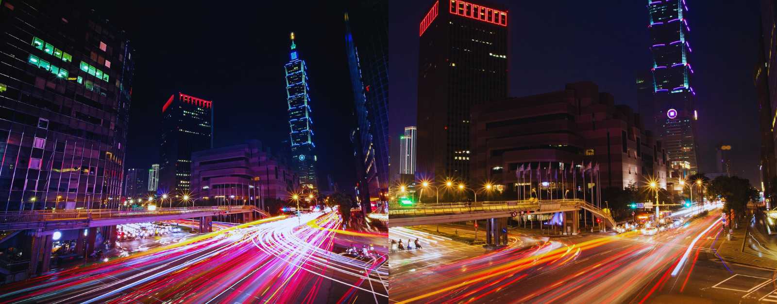 Cruce urbano nocturno en Taipéi con estelas de luz y el Taipei 101 iluminado al fondo