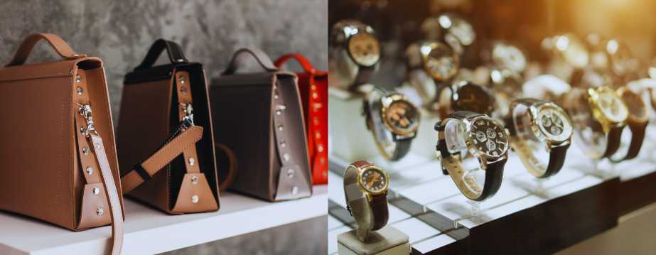 Vetrina con borse e orologi in vendita in un negozio del Mercato della Seta di Pechino