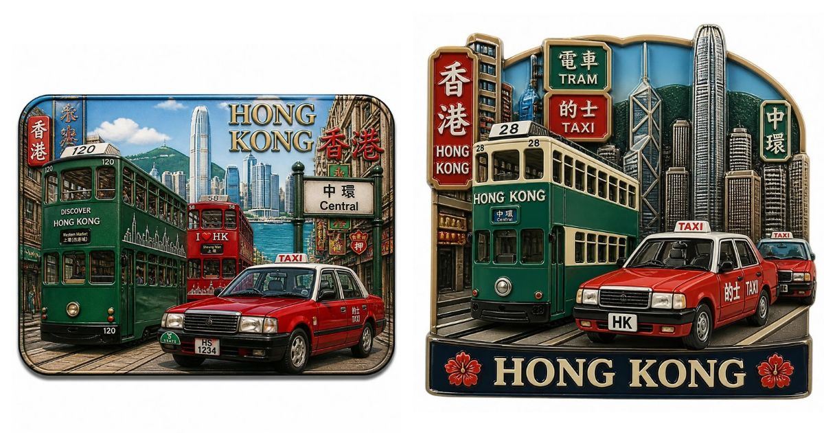 Imanes con los autobuses y taxis de Hong Kong.
