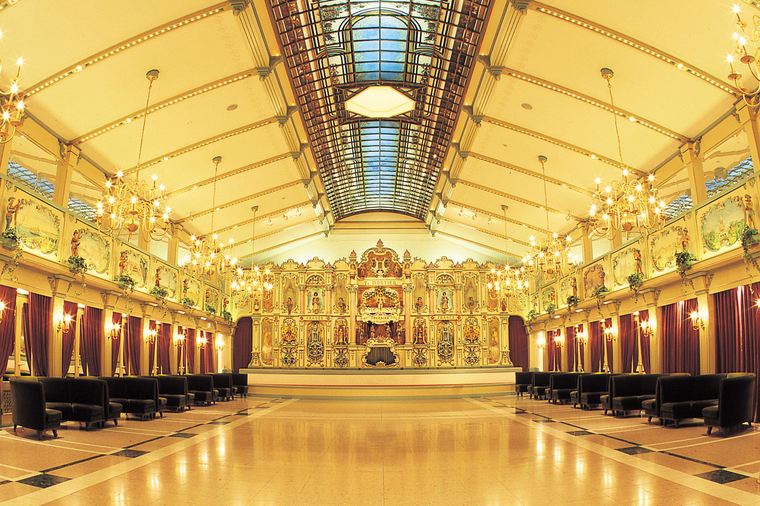 Ornate European-style concert hall interior at Kawaguchiko Music Forest Museum