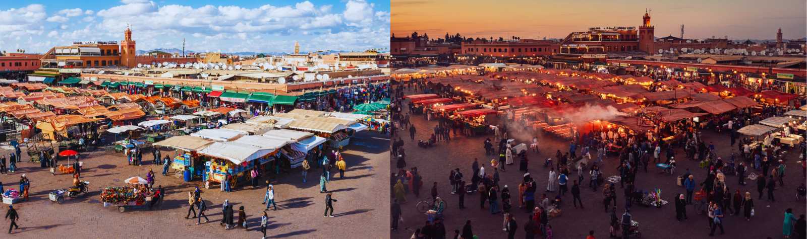 Plaza Jemaa el-Fna en Marrakech de día y de noche, con puestos, gente y ambiente local