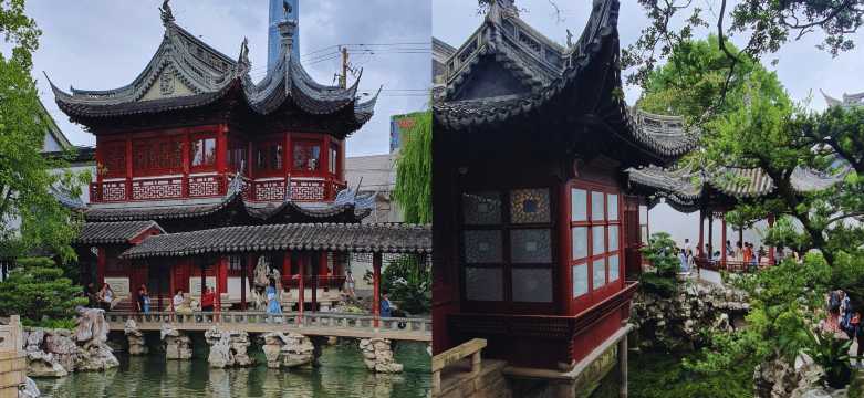 Pabellones tradicionales en el Jardín Yuyuan de Shanghái con puentes de piedra y arquitectura clásica china.