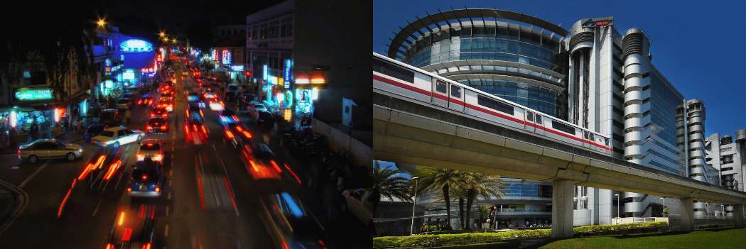 Circulation nocturne et métro aérien au pied des bâtiments modernes de Singapour