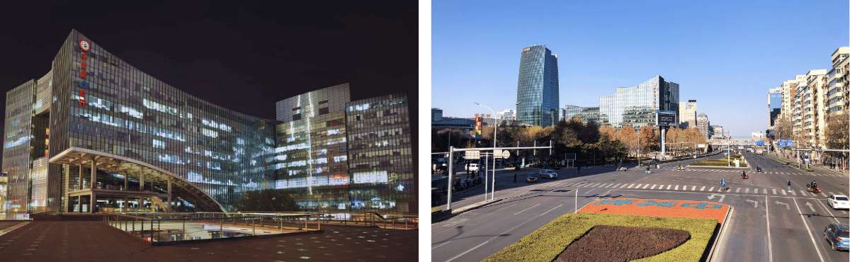 Zhongguancun building lit up at night next to an avenue with skyscrapers and traffic during the day