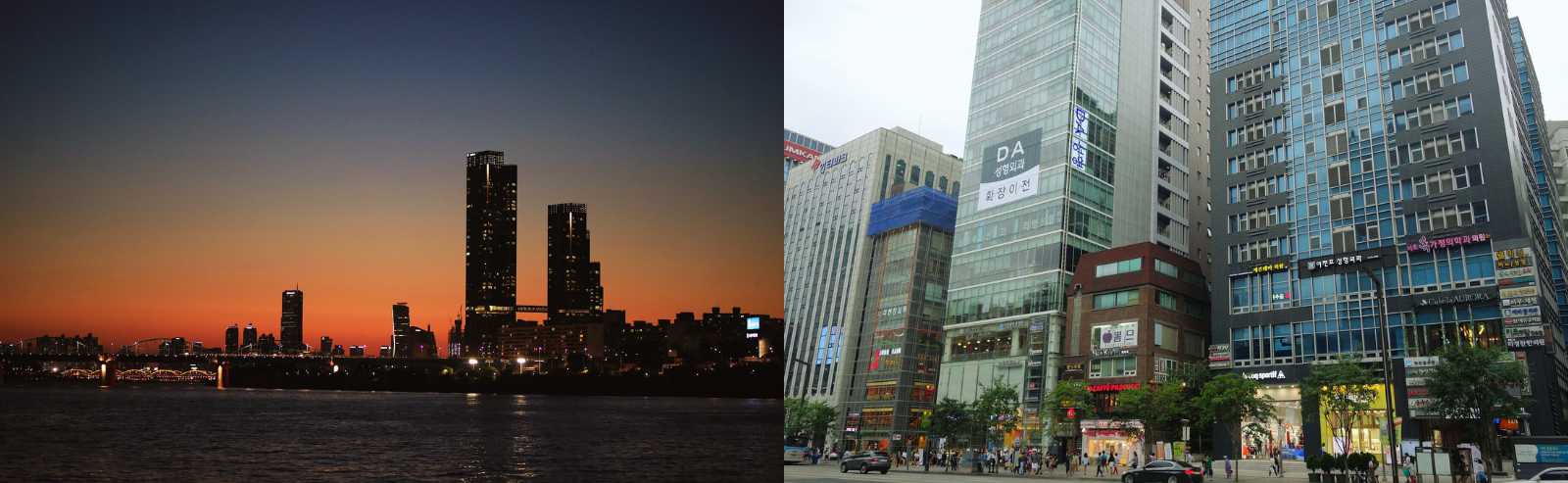 Montaje con el skyline de Seúl al atardecer junto al río Han y una calle comercial con rascacielos y tiendas