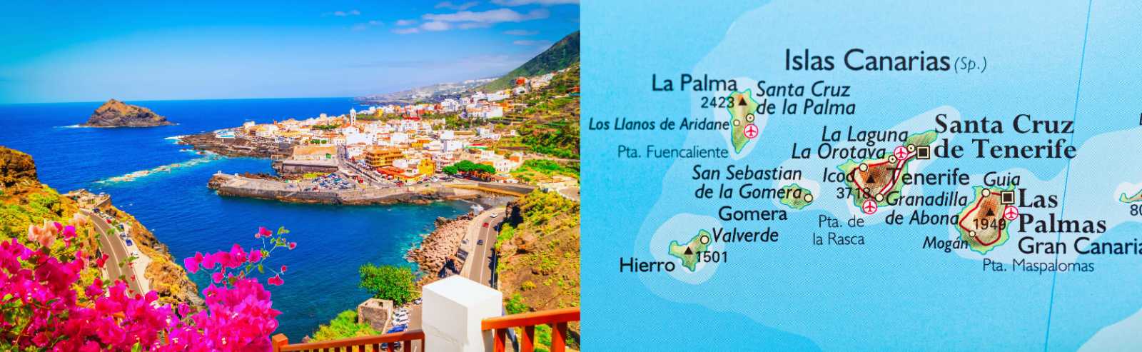 Costa de las Islas Canarias con pueblo junto al mar combinada con un mapa del archipiélago