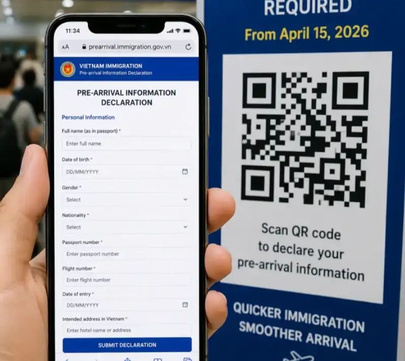 Formulaire numérique de déclaration d'arrivée au Vietnam affiché sur un smartphone
