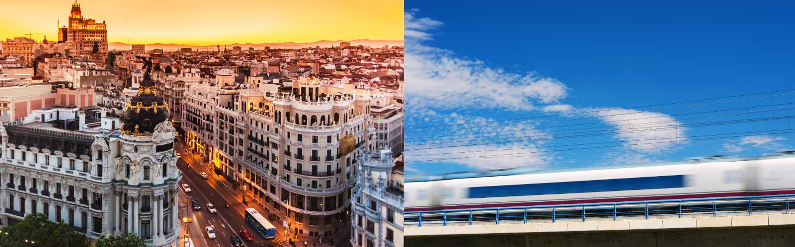 Vista aérea de Madrid al atardecer combinada con un tren de alta velocidad circulando