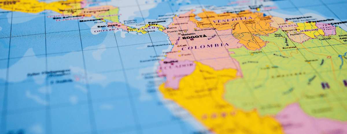 Map of Latin America with countries like Colombia, Venezuela and Brazil highlighted in colour