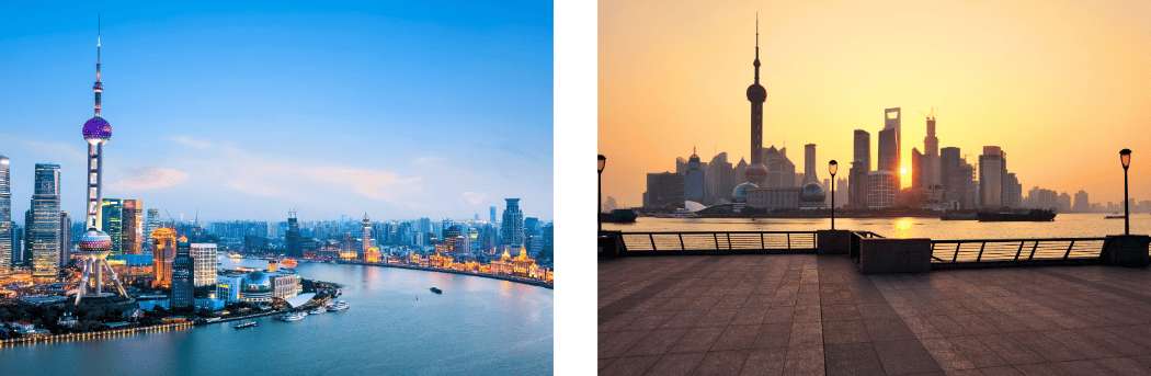 Skyline de Pudong y The Bund vistos desde el río Huangpu en Shanghái