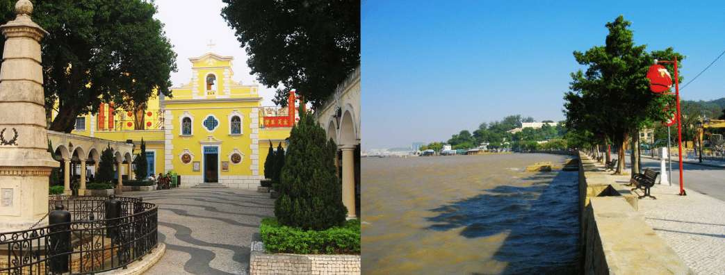 Plaza y paseo marítimo de Macao con edificios históricos y vistas costeras