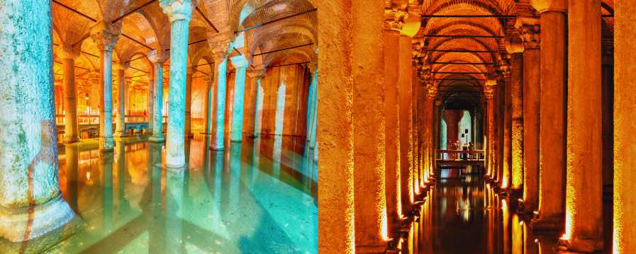 The interior of the Basilica Cistern in Istanbul, featuring historic columns reflected in the water and atmospheric lighting.