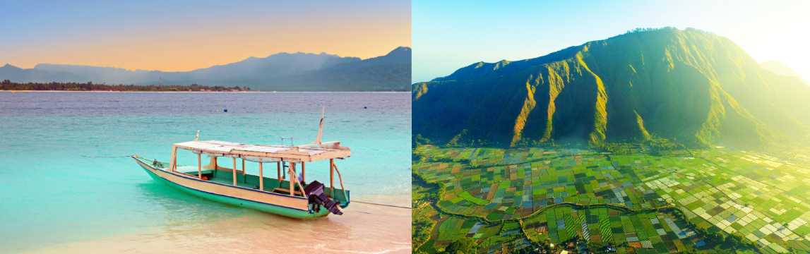 Escena tropical de Lombok con barca tradicional en la orilla y campos verdes al pie de montañas